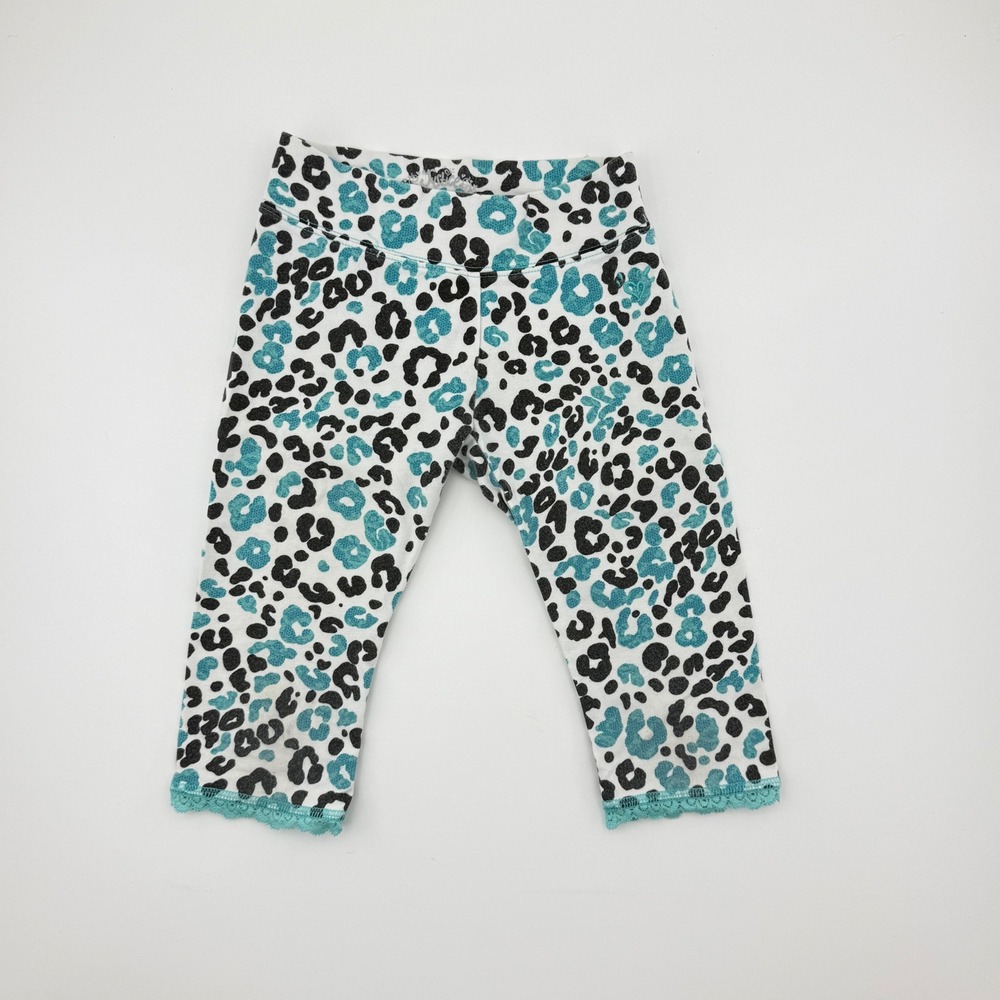 Justice Girls Y2K Leopard Print Cropped Leggings Teal &‎ Black Lace Trim Size 6